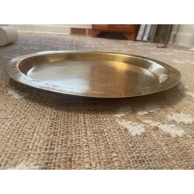 Vintage Chinese Etched Brass Tray 17” For Sale - Image 9 of 11
