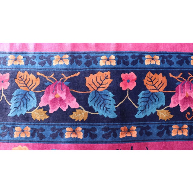 Magenta Background Chinese Art Deco Rug With Large Vining Flowers and Leaves 12'0 X 14'8 For Sale - Image 10 of 12
