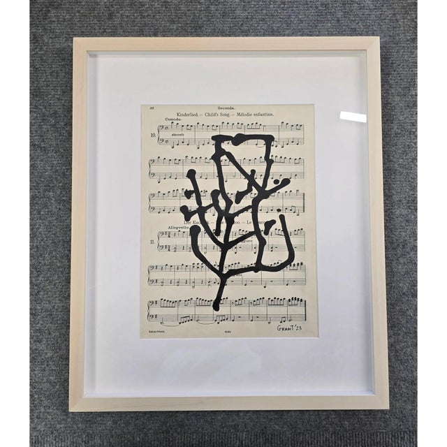 14.6" by 17.3" Natural Wood Shadow Box Framed Original Drawings 'Black and White Floral Abstractions on Music Score Sheets' #4 - Wall Gallery For Sale - Image 9 of 11