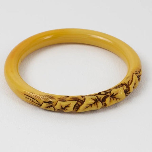 Art Deco Celluloid Bracelet Bangle with Carved Ivy Leaves For Sale - Image 4 of 8