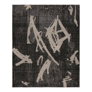 Rug & Kilim’s Distressed Modern Rug in Black Gray Geometric Pattern For Sale