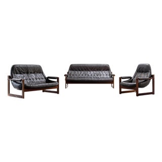 Brazilian Modern Leather Sofas and Lounge Chair by Percival Lafer, 1970s, Set of 3 For Sale