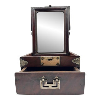 Antique Chinese Hardwood Vanity Box With Mirror, Drawer & Working Lock For Sale