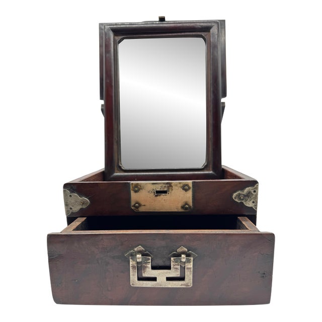 Antique Chinese Hardwood Vanity Box With Mirror, Drawer & Working Lock For Sale