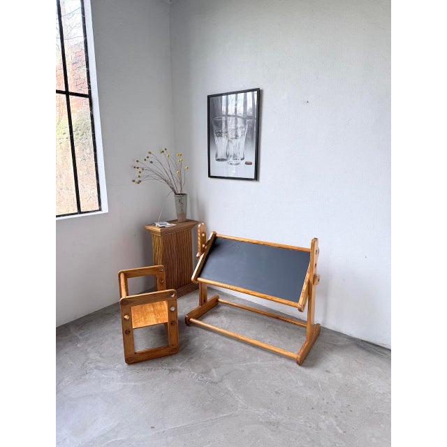 Small desk and chair in solid pine, in the bauhaus style. some attribute this small set to baumann. it consists of a desk...