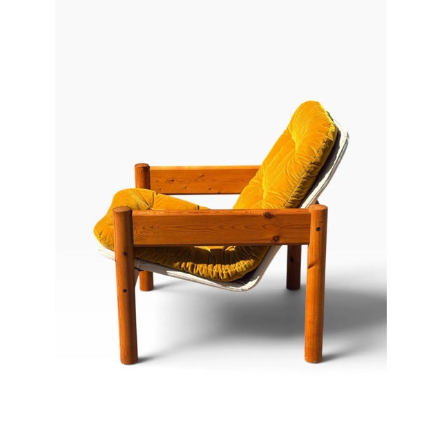 Danish Modern Solid Pine Lounge Armchair | New Canvas Sling & Mustard Velvet Cushion | C. 1970s For Sale - Image 4 of 11