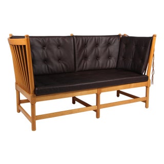 Two-Seat Sofa in Beech and Leather by Børge Mogensen for Fritz Hansen For Sale