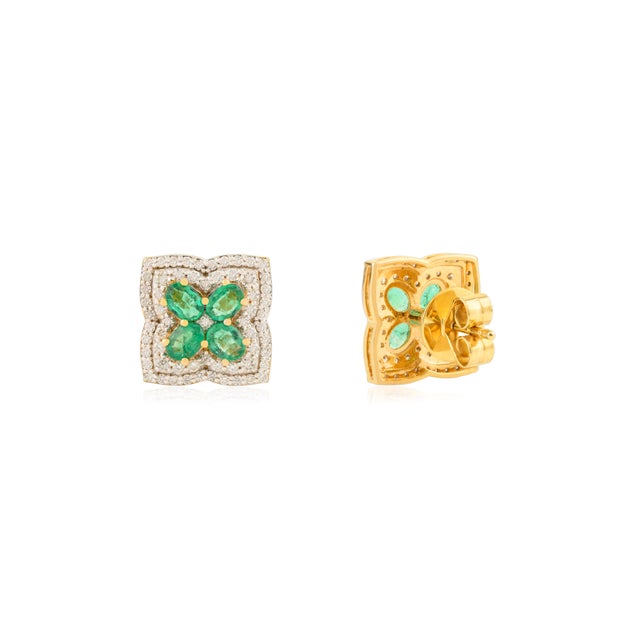 14k Gold Clover Emerald Cluster Earrings With Diamonds- A Pair For Sale In New York - Image 6 of 10