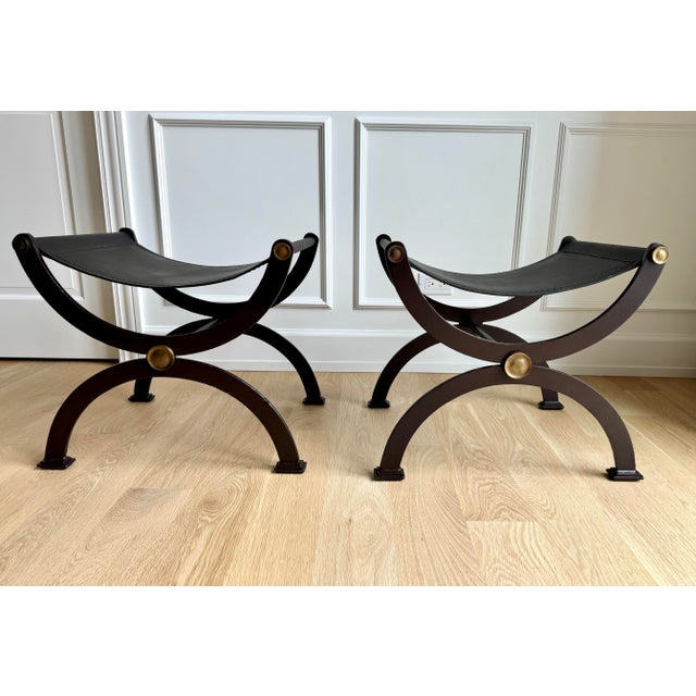 French Pair of French Empire Style Hand-Wrought Iron, Brass & Black Saddle Leather Curule Stools For Sale - Image 3 of 10