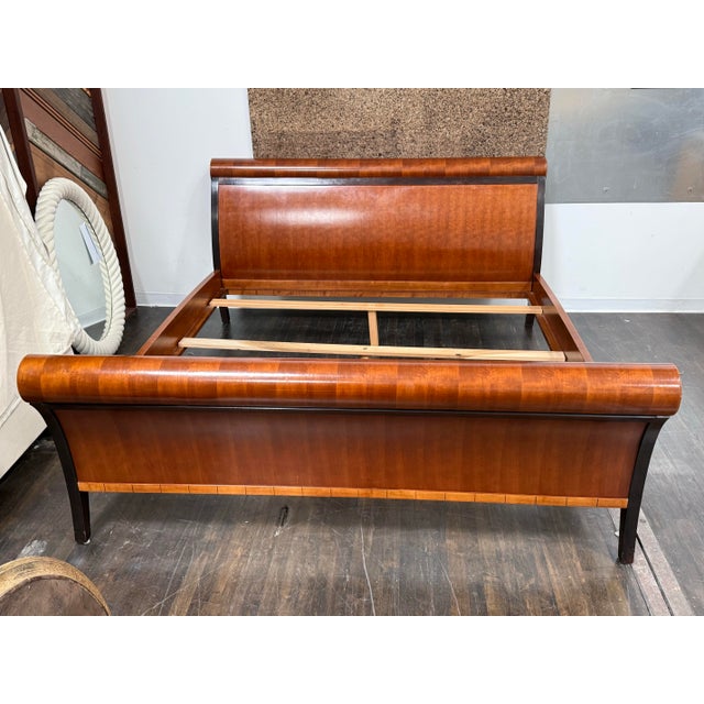 Design Plus Gallery presents an Eastern King Size Lee Weitzman Elysia Style Figured Wood Sleigh Bed. Inspired by the...