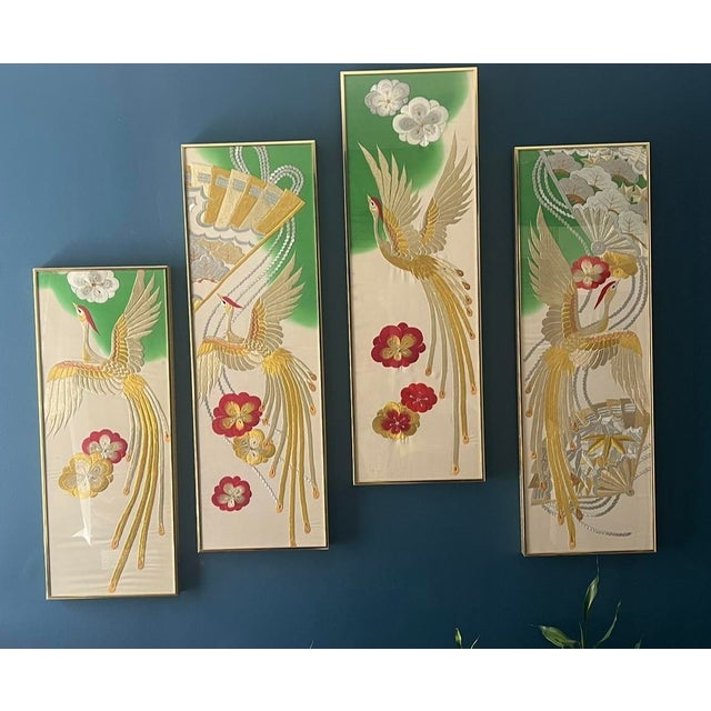 White Japanese Kimono Silk Phoenix Embroidered Panels, Four-Panel Set, Mid 20th Century For Sale - Image 8 of 18