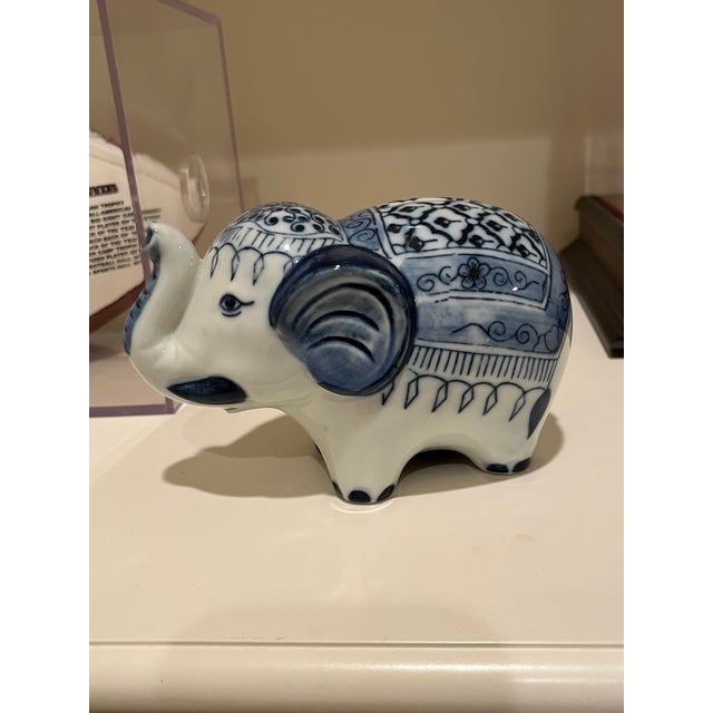 Vintage Exotic Blue and White Ceramic Elephant Piggy Bank For Sale In Oklahoma City - Image 6 of 7