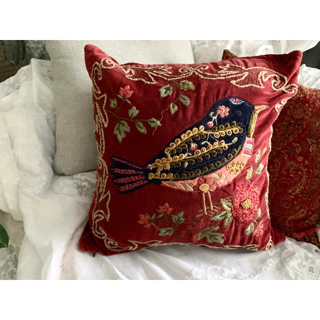 POTTERY BARN discontinued 2016 red velvet decorative pillow 20” x 20 bird embroidered with embellishment beads MADE IN...