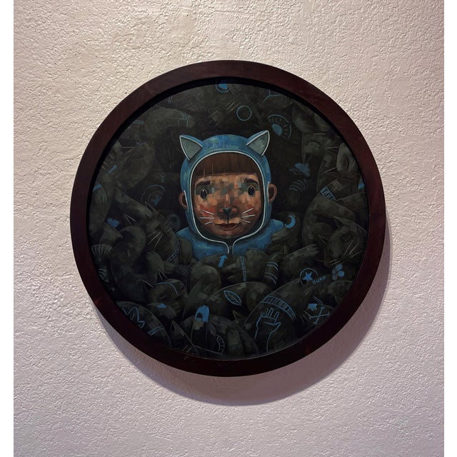 Contemporary Ethan in the Purr by Nathan Durfee | Oil on panel Boy in a cat hoodie surrounded by playful cats. For Sale - Image 3 of 3