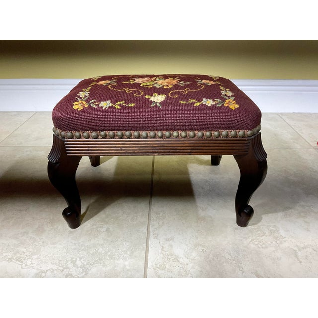 Wine Antique Hand Carved Needlepoint Textile Upholstered Foot Stool For Sale - Image 8 of 13