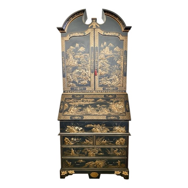 Burton-Ching Chinoiserie Black Lacquered and Hand Painted Gilt Decorated Secretary Desk For Sale