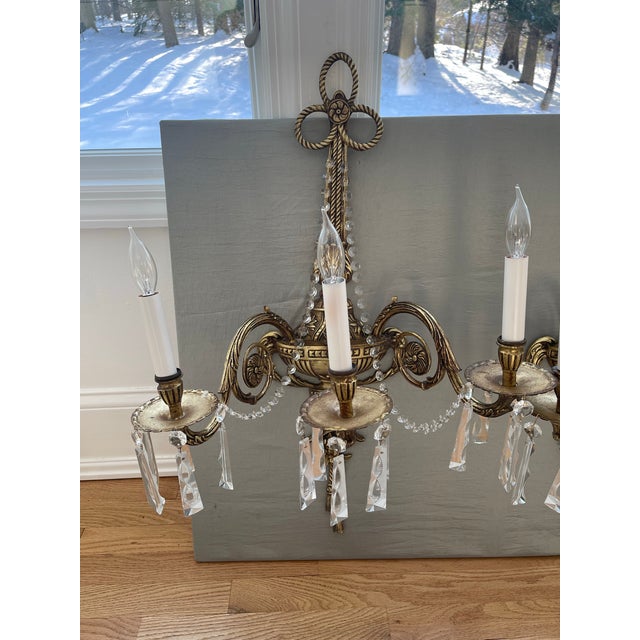 Glass Pair of Antique French Brass and Crystal Electric Sconces For Sale - Image 7 of 12