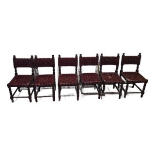 Mid 20th Century Spanish Set of Six Interlaced Leather Wooden Chairs For Sale