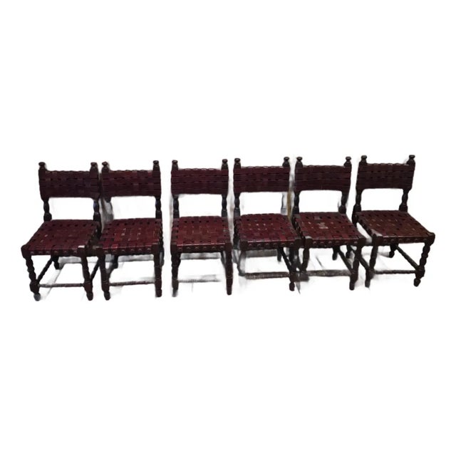 Mid 20th Century Spanish Set of Six Interlaced Leather Wooden Chairs For Sale