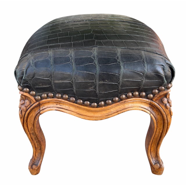 19th Century Antique Crocodile Leather French Provincial Footstool Ottoman For Sale - Image 5 of 5