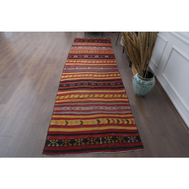 Tribal 1960 Vintage Anatolian Flatweave Kilim Runner - Handwoven Striped Rug With Geometric Tribal Motifs - Red Yellow Black Accent Rug For Sale - Image 3 of 9