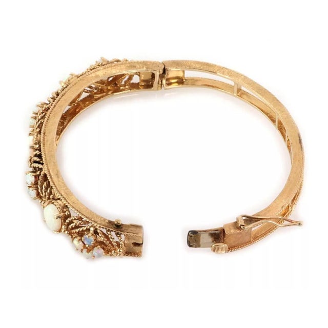 Fire Opal 14k Yellow Gold Fancy Textured Floral Bangle Bracelet For Sale - Image 4 of 6