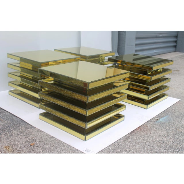 Metal Mid Century Modern 5 Tier Antiqued Gold Mirrored Designer End Tables - Set of 4 For Sale - Image 7 of 11