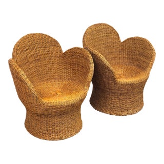 Floral Vintage Boho Style Wicker Lounge Chairs, Pair For Sale