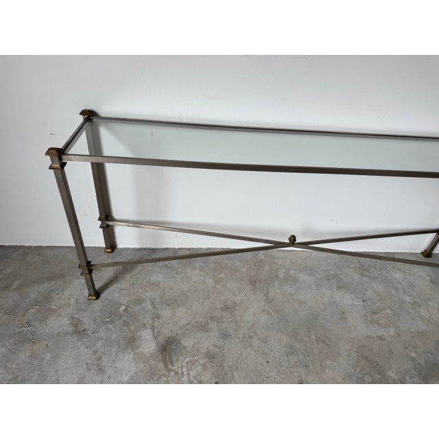 Italian Hollywood Regency Neoclassical - Style Brushed Steel and Brass Console Table, Maison Jansen Att For Sale In Miami - Image 6 of 12