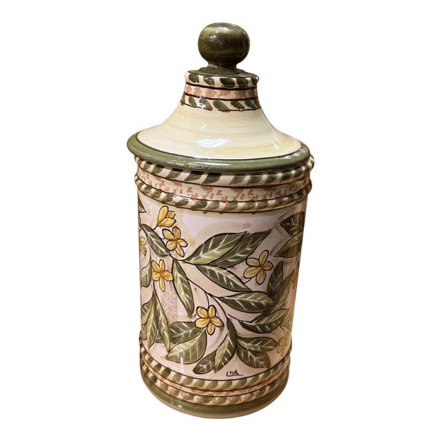 Italian Hand Painted Ceramic Canister With Lid in Ivory, Green, and Yellow For Sale