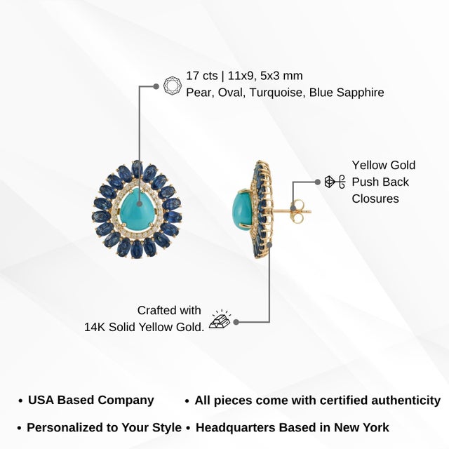 Art Deco 17ct Turquoise & Blue Sapphire Statement Earrings With Diamonds in 14k Gold- A Pair For Sale - Image 13 of 17