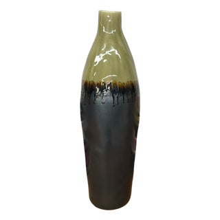 Tall Olive & Charcoal Ceramic Vase with Amber Drip Glaze For Sale