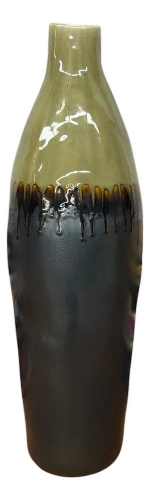 Tall Olive & Charcoal Ceramic Vase with Amber Drip Glaze