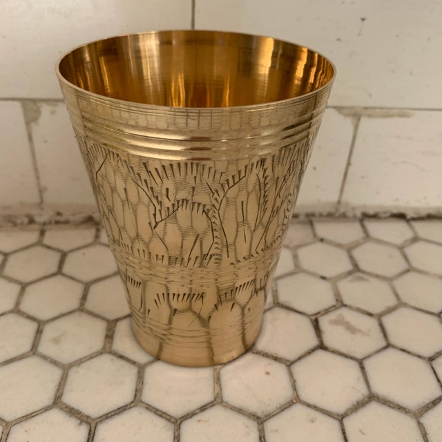 Vintage Indian Etched Brass Metal Lassi Cup Vase For Sale - Image 4 of 7