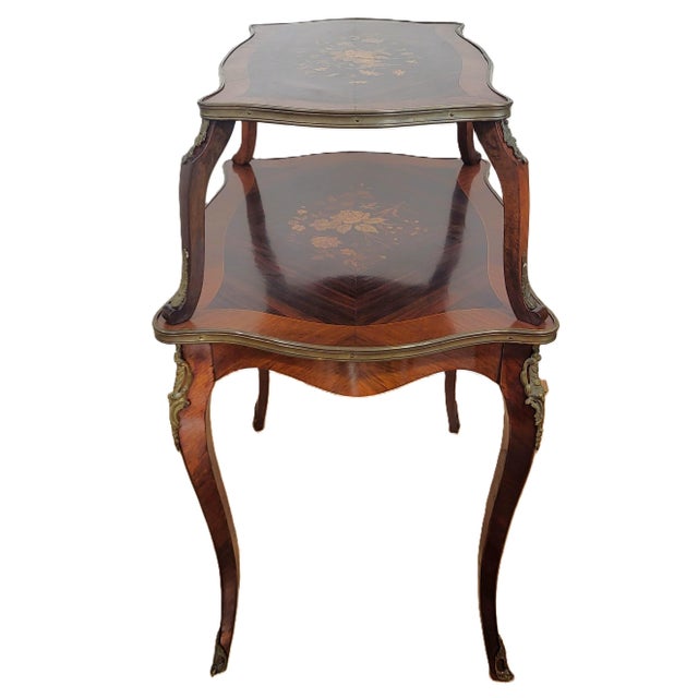 French Antique French Louis XV Floral Inlay Rosewood & Bronze Double Tier Dessert Table For Sale - Image 3 of 15