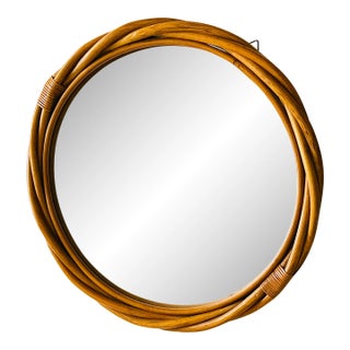 Vintage Bamboo Round Wall Mirror For Sale