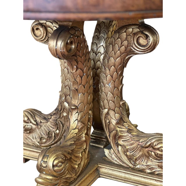 Mid 20th Century Impressive Regency Burled Fruitwood Pedestal Center Table With Gilded Dolphin Base For Sale - Image 10 of 14