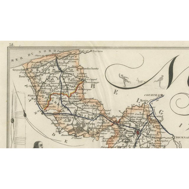 Beige Antique Map of Nord by Vuillemin, France, 1850 For Sale - Image 8 of 9