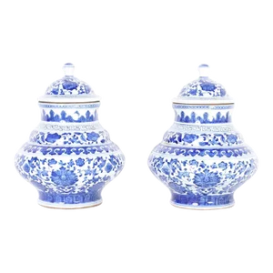 Pair of Blue and White Porcelain Lidded Urns