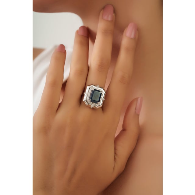 3.63ct Emerald-Cut Blue Sapphire Diamond Victorian Ring in 18k White Gold Size 6 For Sale - Image 13 of 18