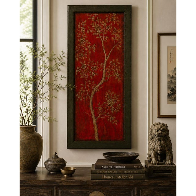 Hand-Painted Floral Cherry Blossom Art Panel with Dark Olive Architectural Frame A striking architectural wall panel...
