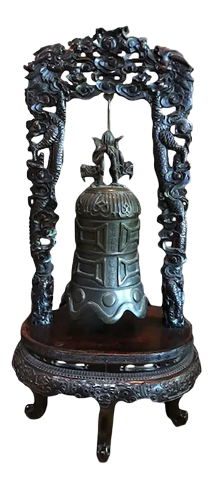 19th Century Large Archaistic Bronze Bell and Hongmu Stand