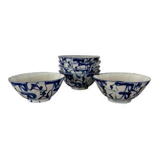 Antique Chinese Hand-Painted Blue & White Porcelain Bowls, C. 1800s-Set of 6 For Sale
