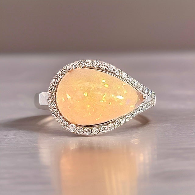 Natural Opal Diamond Ring 6.75 14k W Gold 4 TCW Certified For Sale - Image 4 of 12