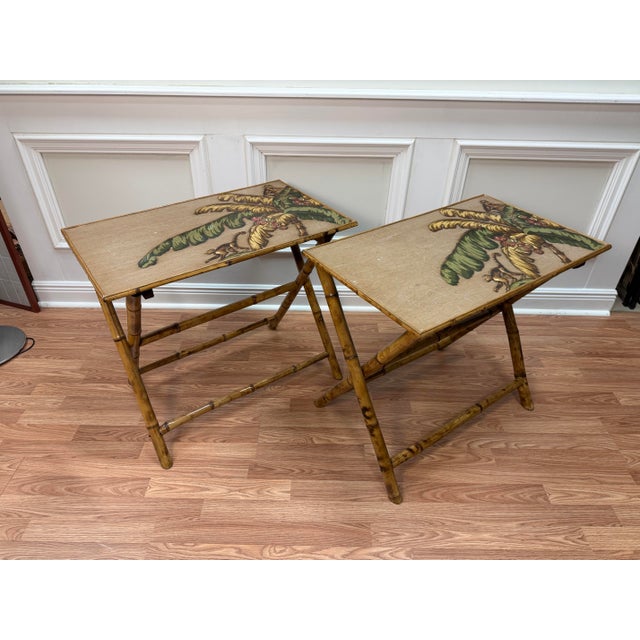 Chinoiserie Vintage Chic Bamboo Folding Tray Tables With Painted Monkey Motif - Pair For Sale - Image 3 of 8