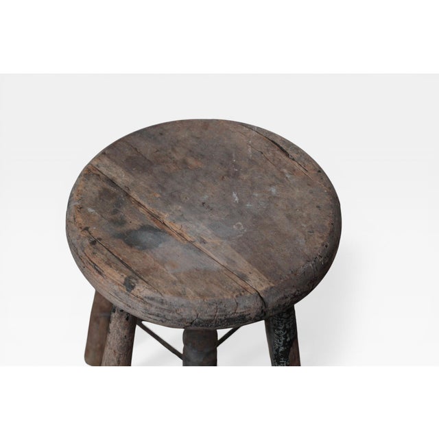 1920s French Rustic Workshop Stool With Iron Stretcher For Sale - Image 9 of 18