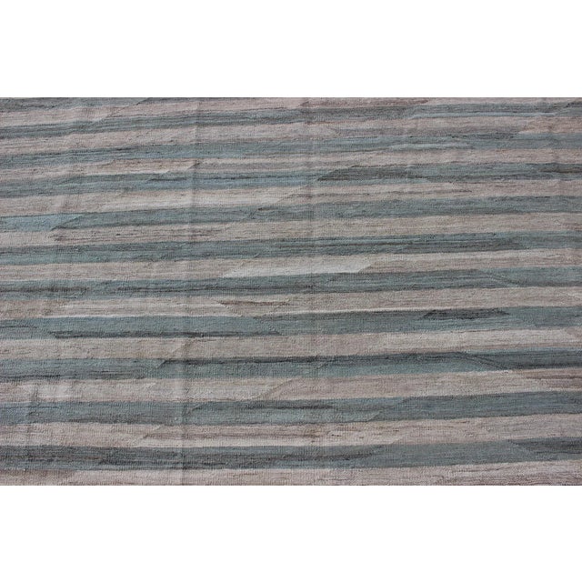 Textile 2020s Large Modern Kilim With Stripes in Shade of Light Green and Cream For Sale - Image 7 of 13