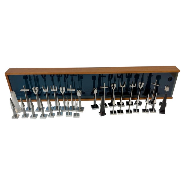1962 ALCOA Aluminum Chess Set by Austin E. Cox in Wall-Mounted Case A documented and highly sculptural mid-century modern...