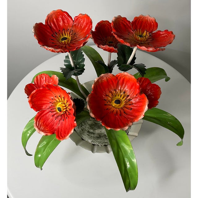 Red Mid 20th Century Florentia Italian Toile Flowers in a Pot For Sale - Image 8 of 12