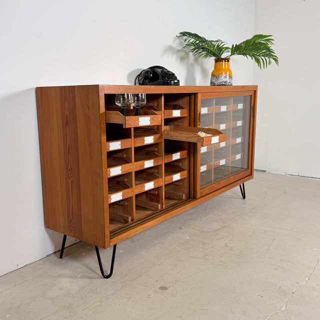 Vintage German Pine Sideboard with 24 Drawers and Glass Sliding Doors, 1960s For Sale - Image 4 of 14
